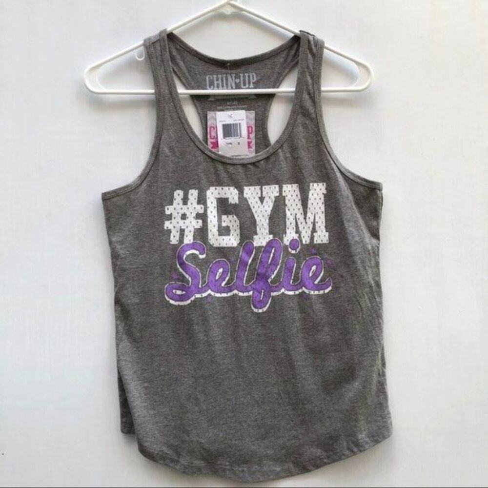 Chin Up Apparel Athletic Sporty Racerback Workout Gray Graphic Tank Size S